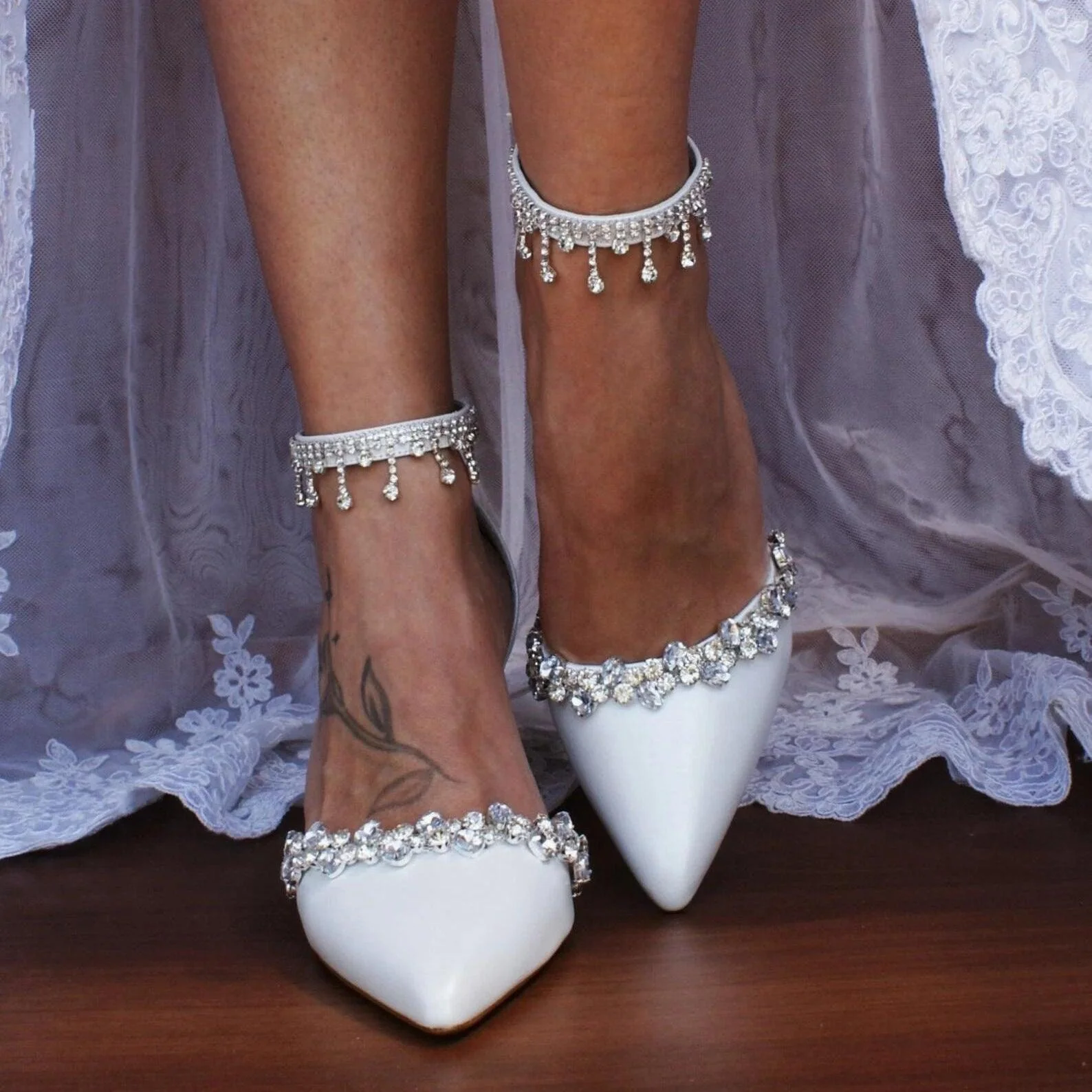 White Rhinestone Ankle Strap Pointy Block Heels 709534419682