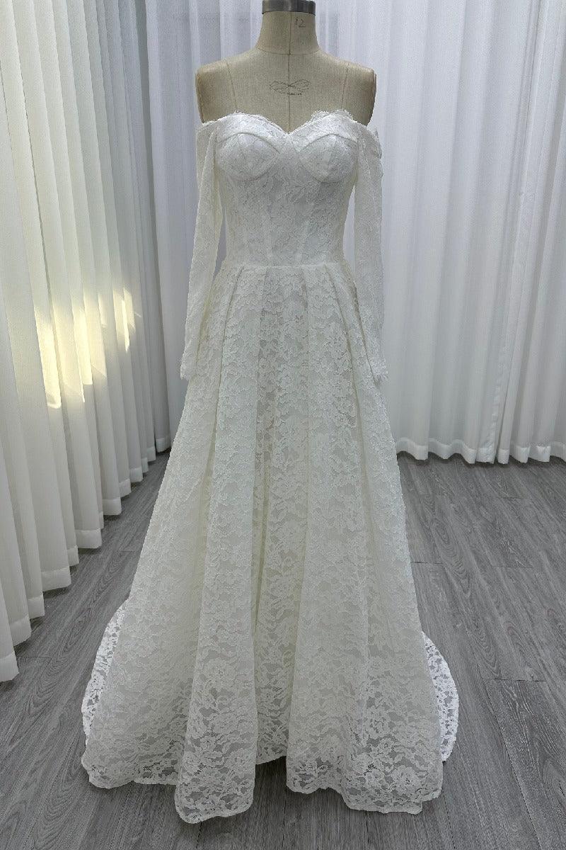 A-Line Sweep-Brush Train Lace Wedding Dress 843985458463