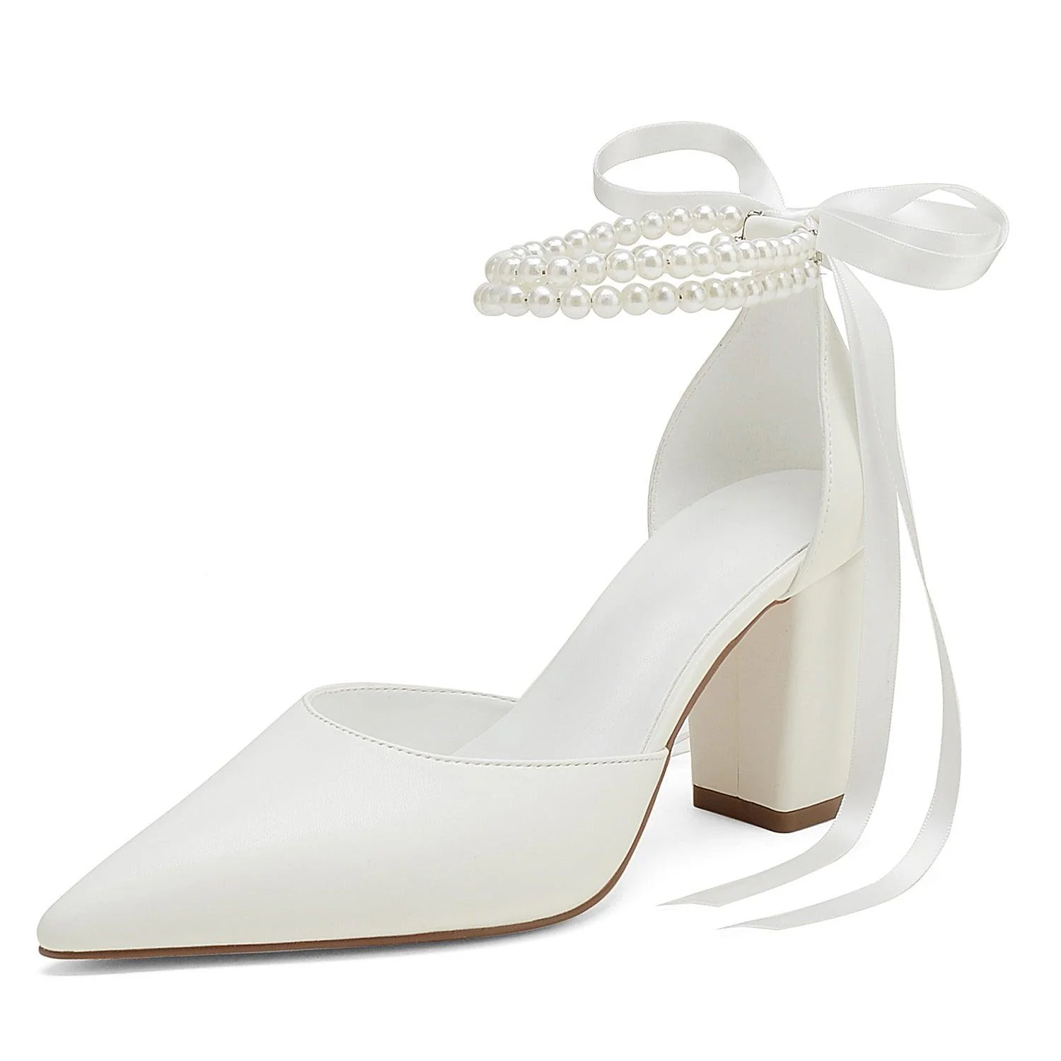 Pearl white Satin Pointy Block Heels 708400120081