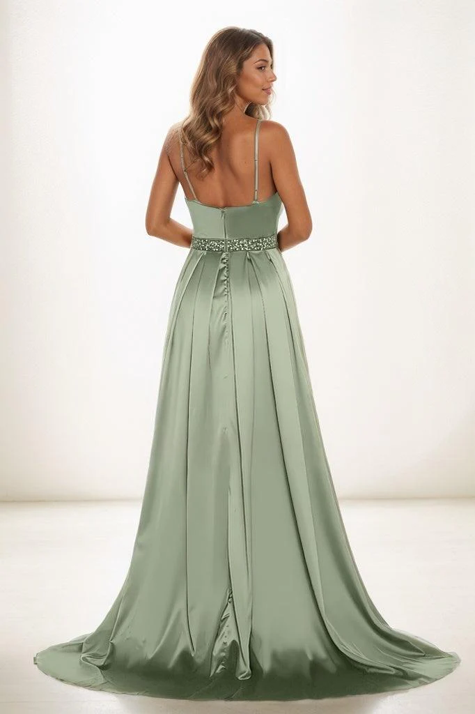 A-Line V-Neck Sleeveless Spaghetti Straps Acetate Satin Prom Dresses CS0826