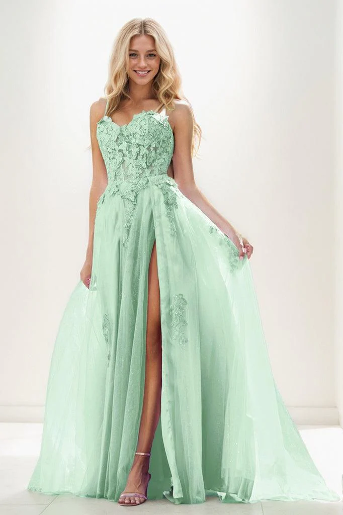 Sweetheart Spaghetti Straps Applique A Line Tulle Prom Dresses CS0943
