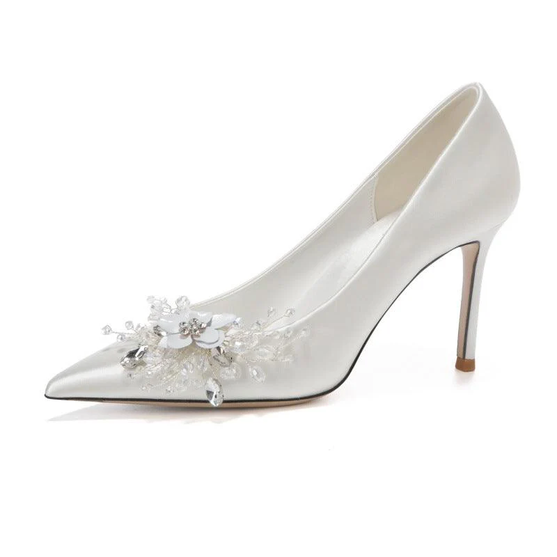 White Satin Crystal Pointy Stiletto Heels 799105157591