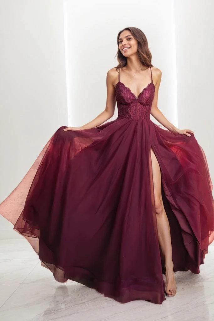 V-Neck Lace Corset High Split Sweep Train Prom Dresses CS0805