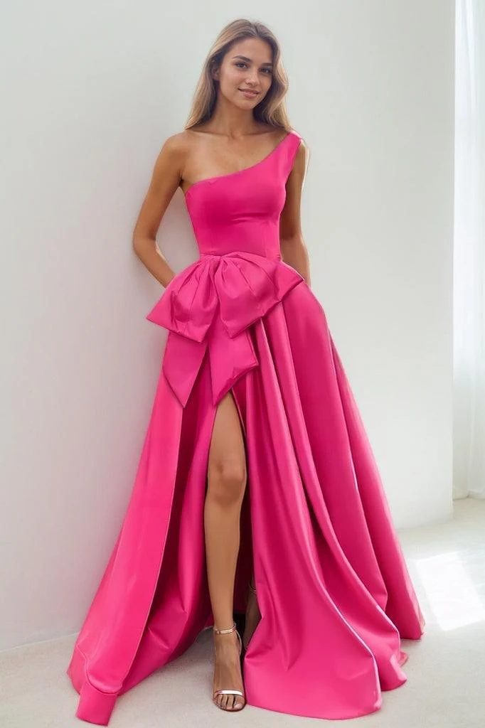 Modest One-Shoulder Bow Accented Satin Prom Dresses With High Split CS0839