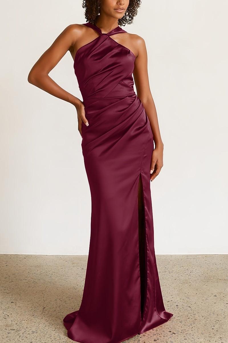 Halter Neck Sheath Bridesmaid Dress with Sweep Train CB0797