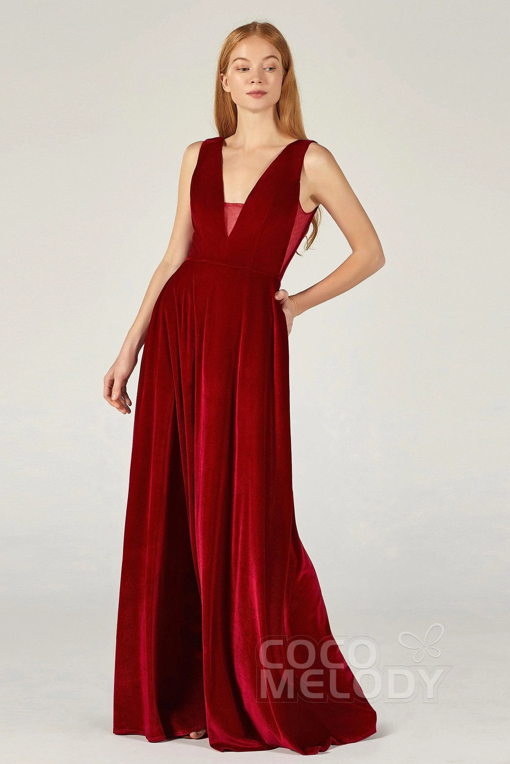 A-Line Floor Length Velvet Bridesmaid Dress CB0364CR