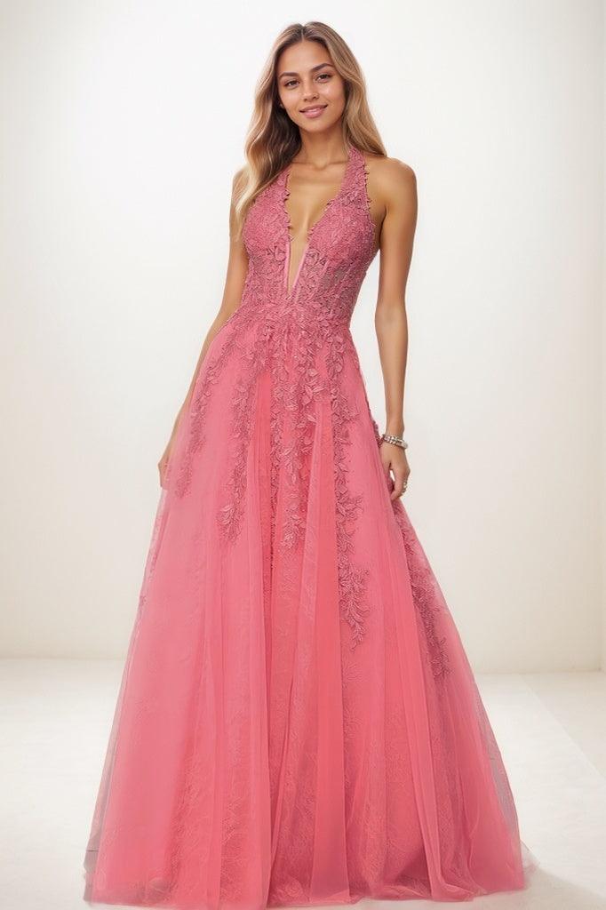 Shiny Halter Lace Illusion Corset A Line Sweep Prom Dresses CS0815