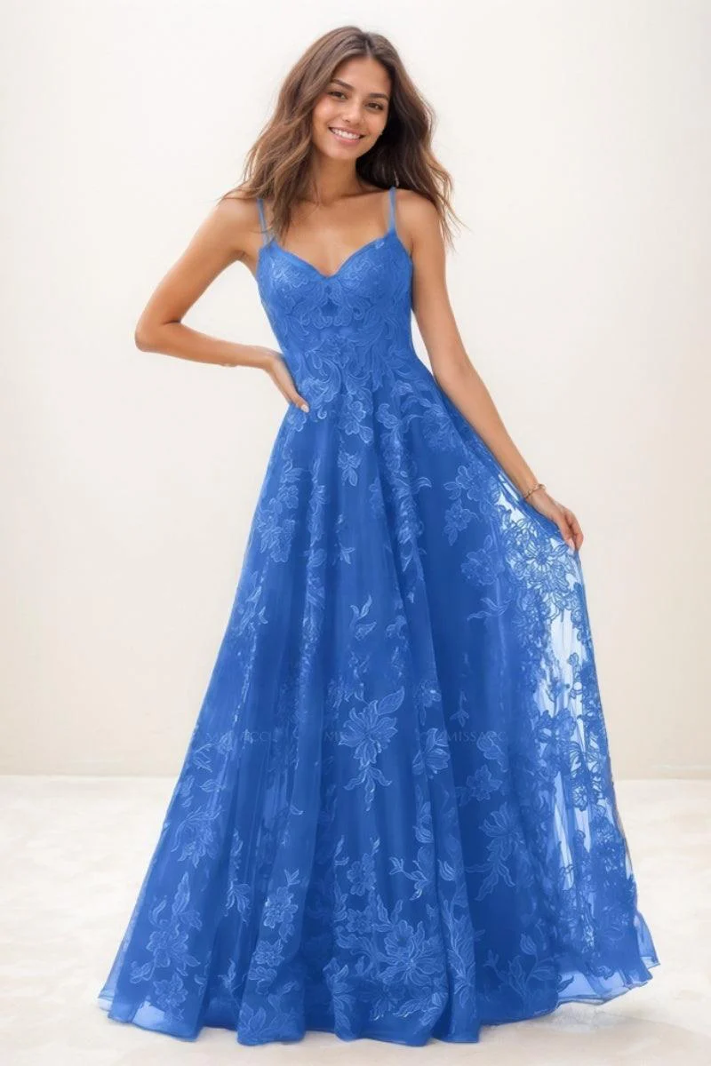 V-Neck A-Line Sweep Train Lace/Tulle Prom Dresses CS0743