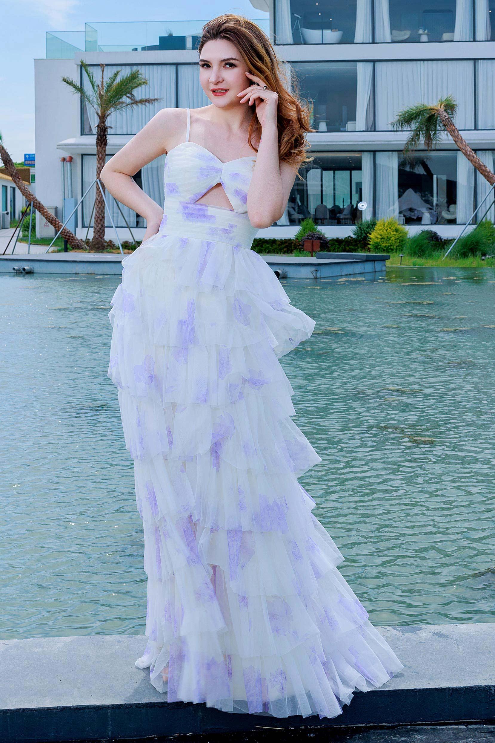 A-Line Sweep-Brush Train Figured Cloth Prom Dress CS0483