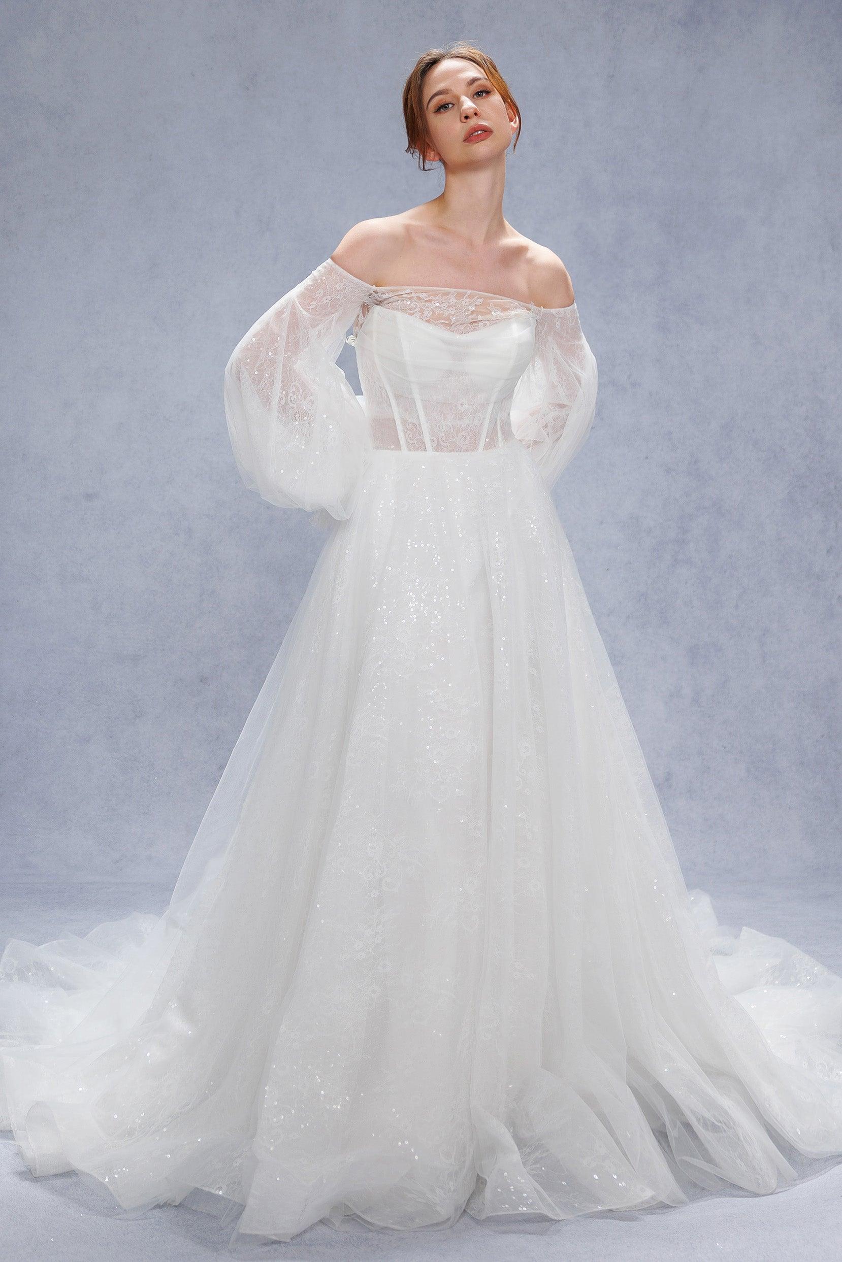 A-Line Court Train Lace Tulle Wedding Dress CW3337