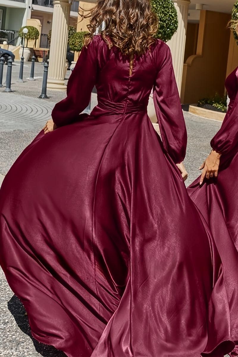 Burgundy Bridesmaid Dress with V-Neck & Long Sleeves CB0804