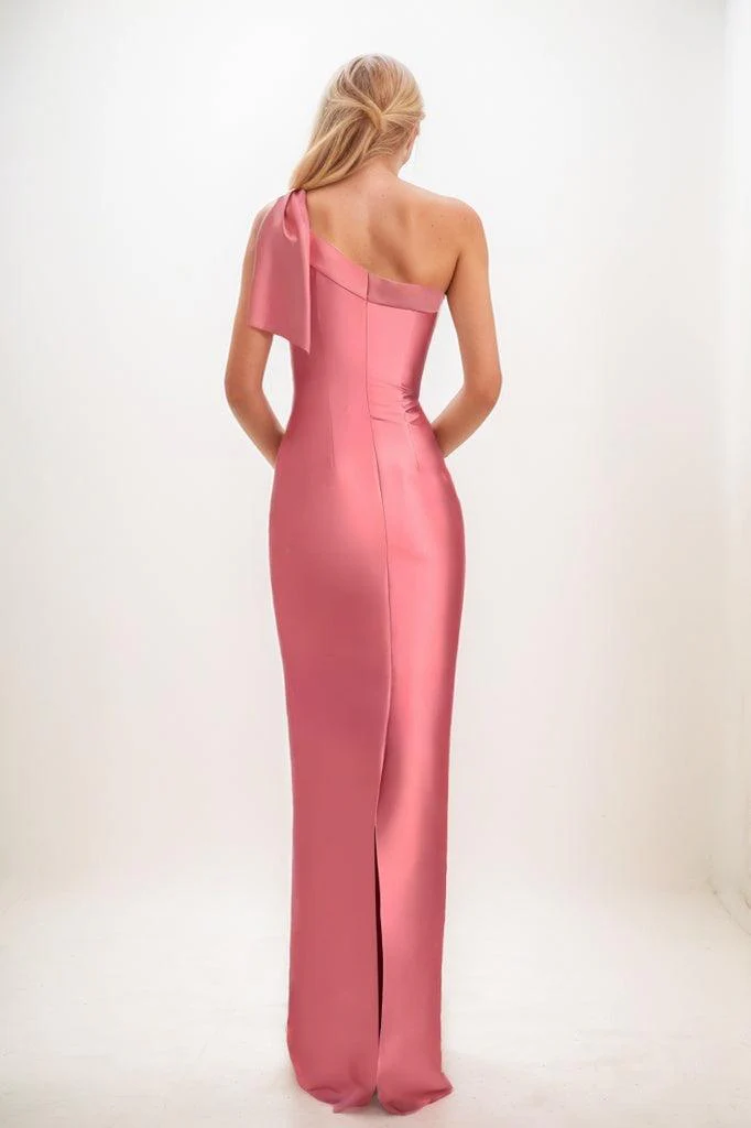 One-Shoulder Bridesmaid Dress with Back Slit in Pink CB0792