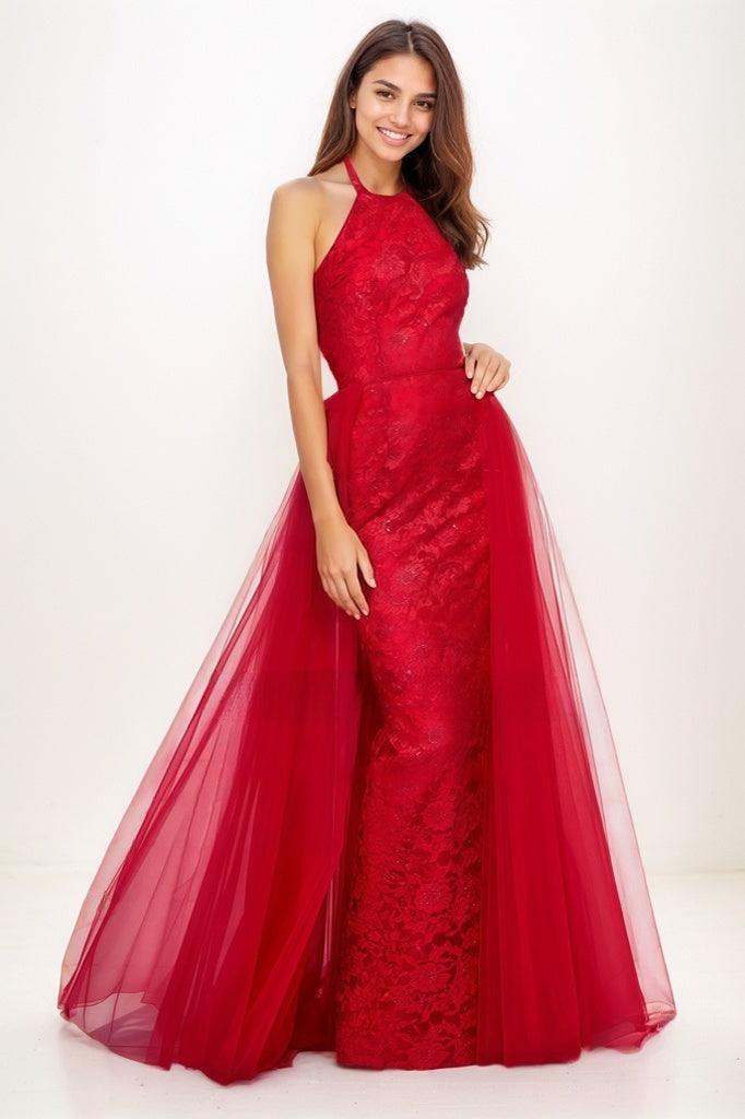 Unique Halter Overskirt Sweep Train Lace/Tulle Prom Dresses CS0771