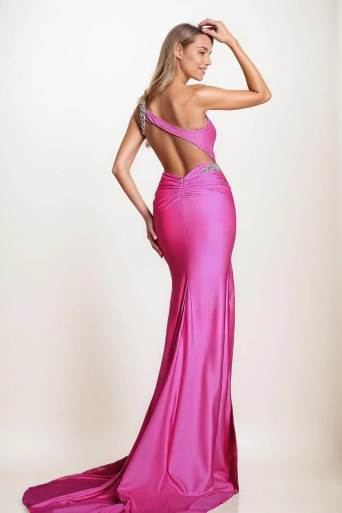 One-Shoulder Back Hole High Split Silk Like Satin Prom Dresses CS0831