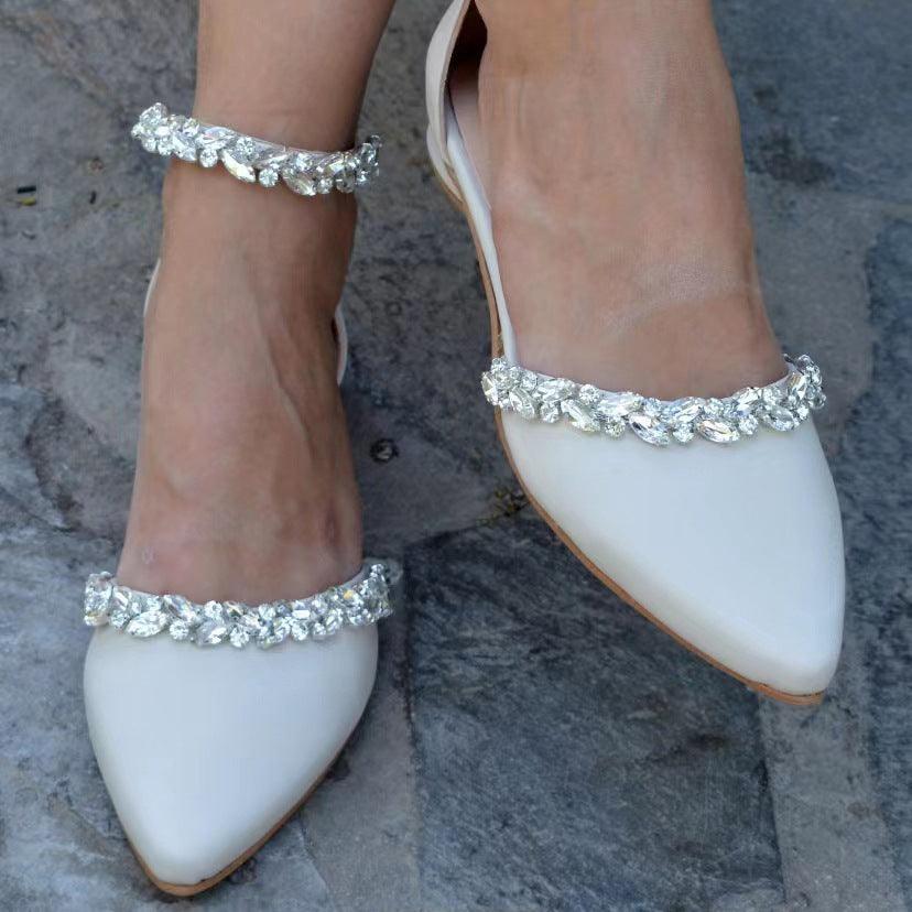 Rhinestone Ankle Strap Pointy Flat Shoes 728300420906
