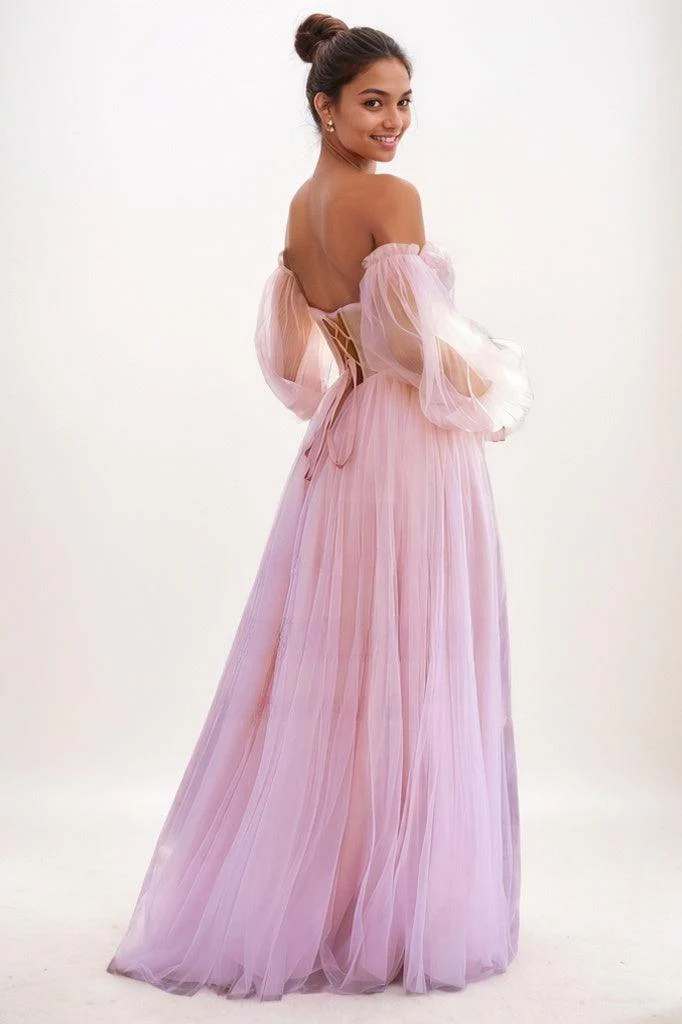 Off-The-Shoulder Long Lantern Sleeves Tulle Prom Dresses CS0776