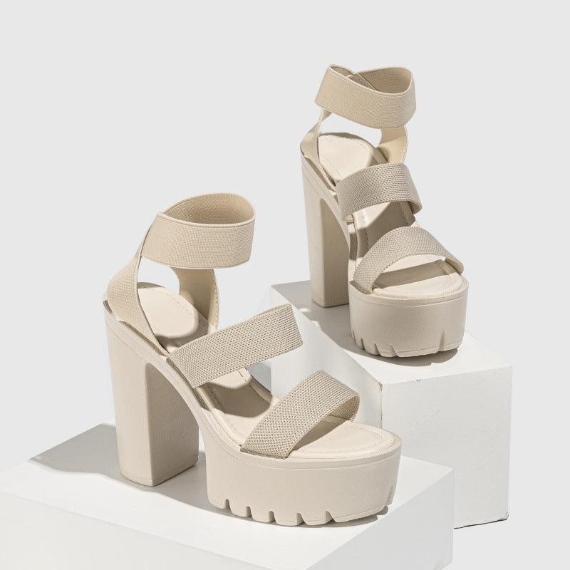 Apricot Round Ankle Strap Block Heel Sandals 775267776406