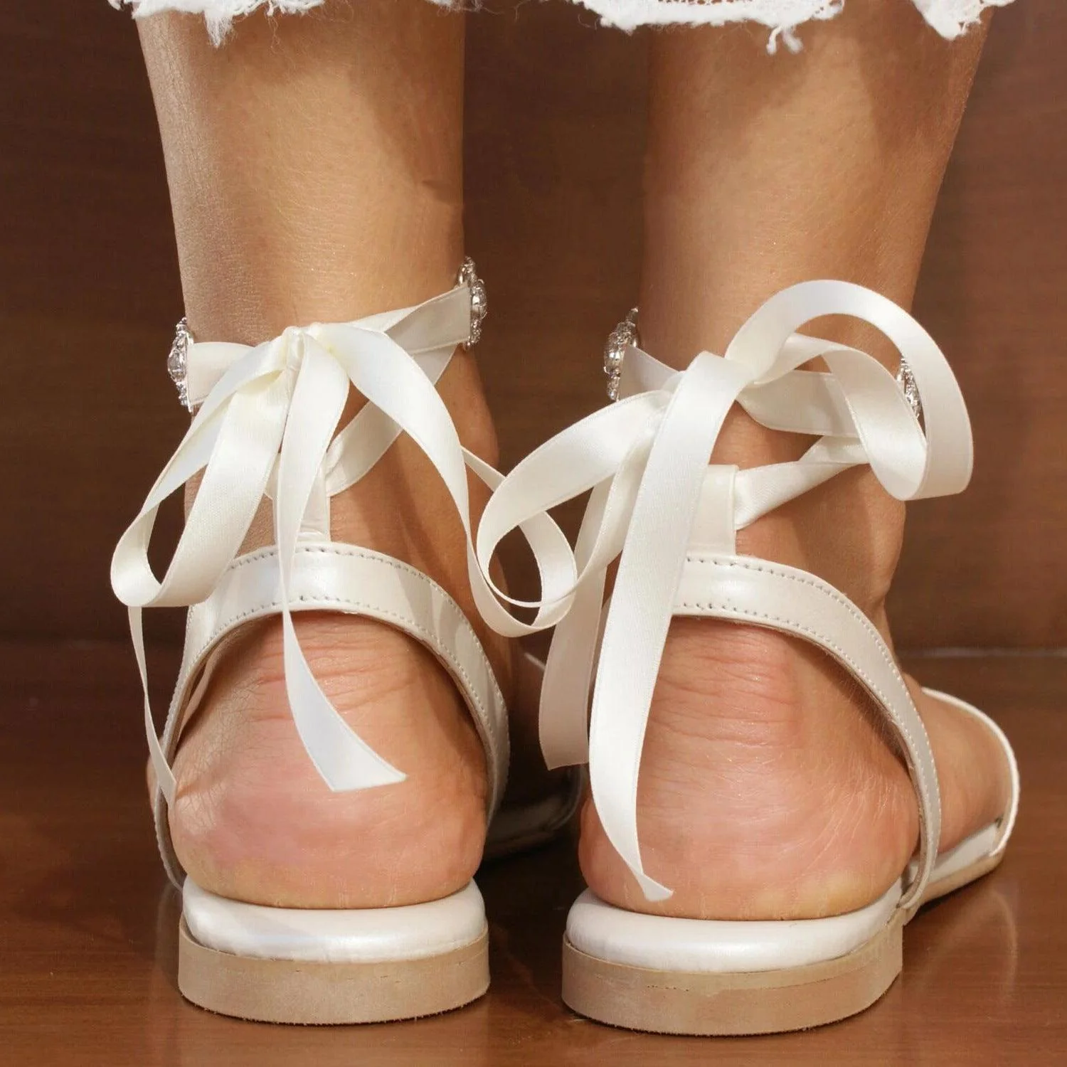 White Rhinestone Ankle Strap Round Flat Shoes 708980263259
