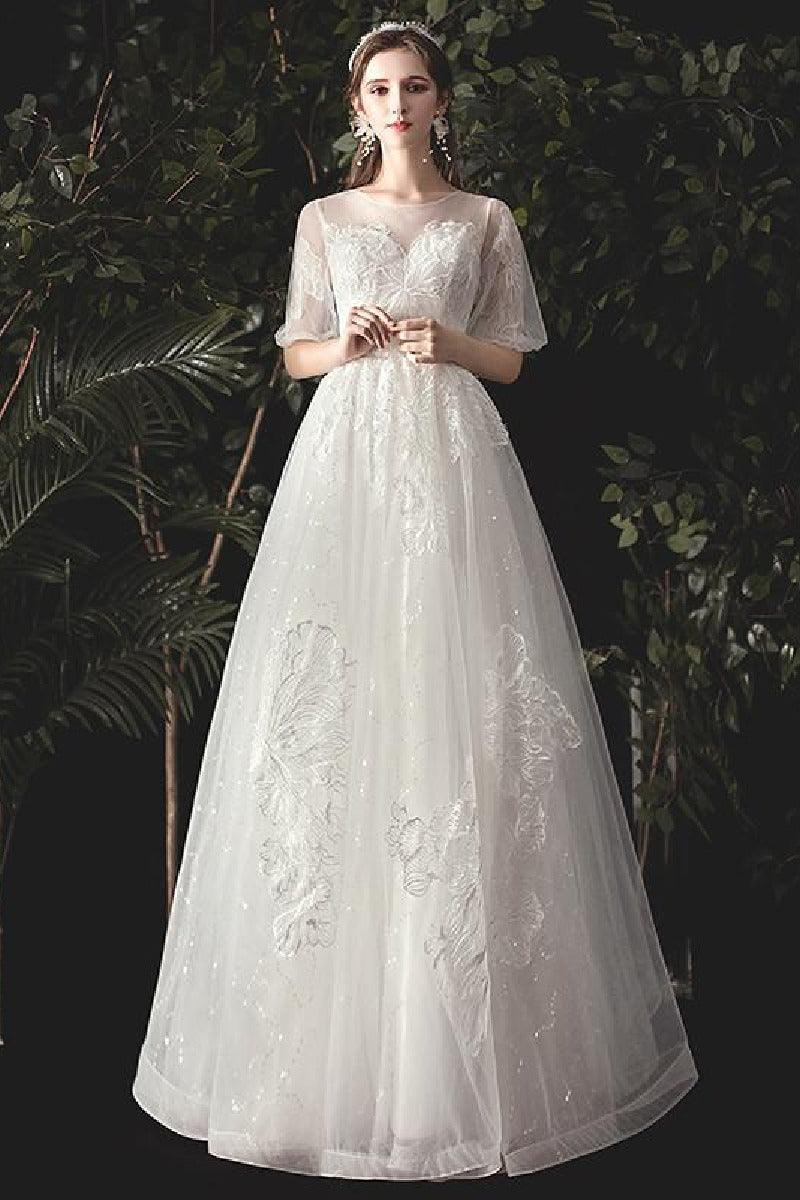 A-Line Floor Length Lace Sparkle Tulle Wedding Dress 679817491233
