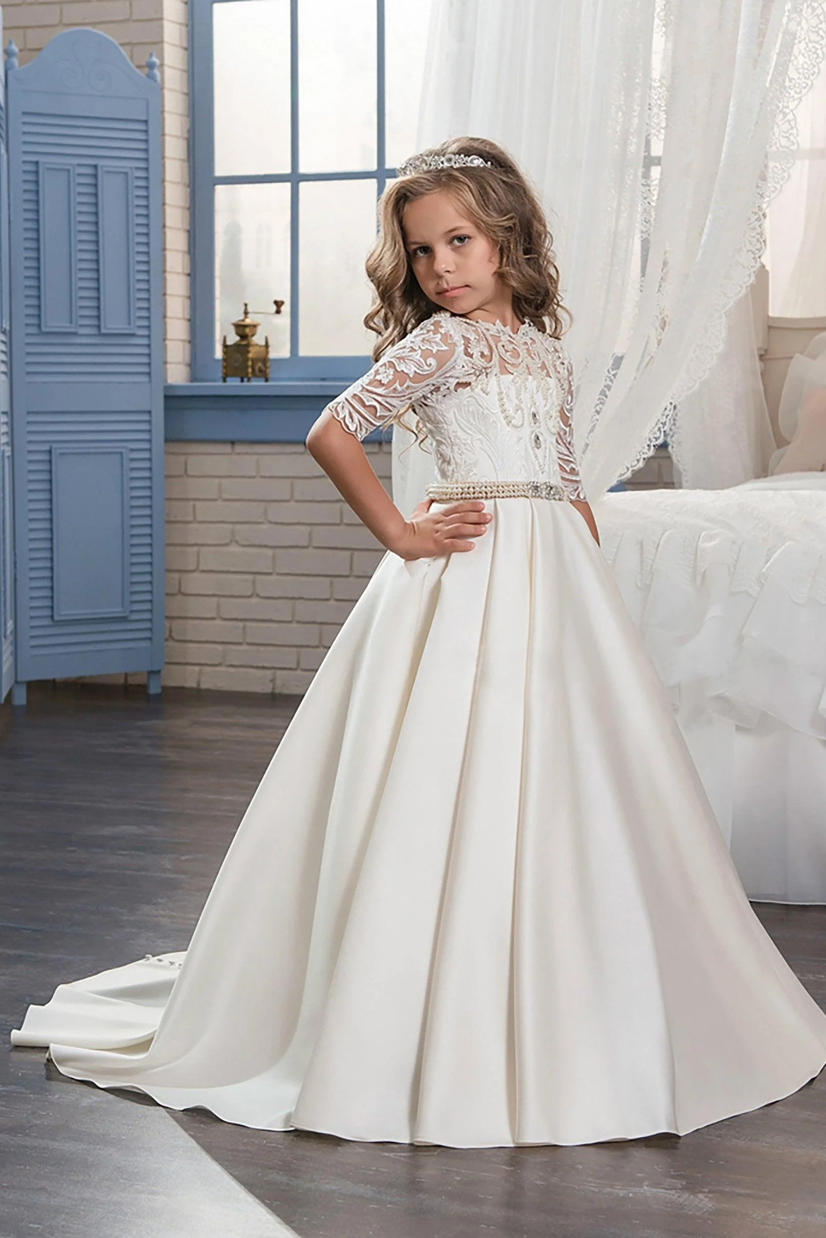 A-Line Floor Length Satin Lace Flower Girl Dress CF0320