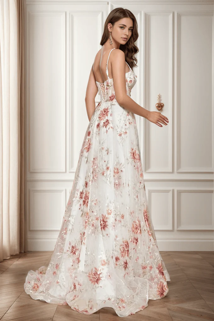 A-Line Sweep-Brush Train Print Prom Dress CS0469