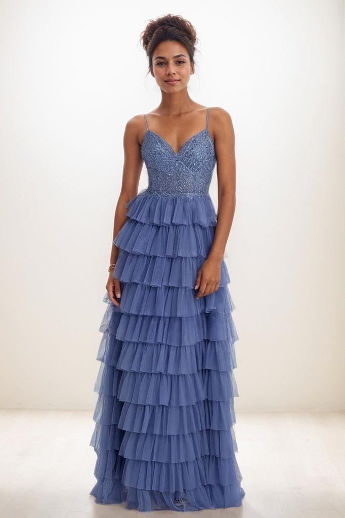 V-Neck Spaghetti Straps Back Hole Tulle Prom Dresses CS0811
