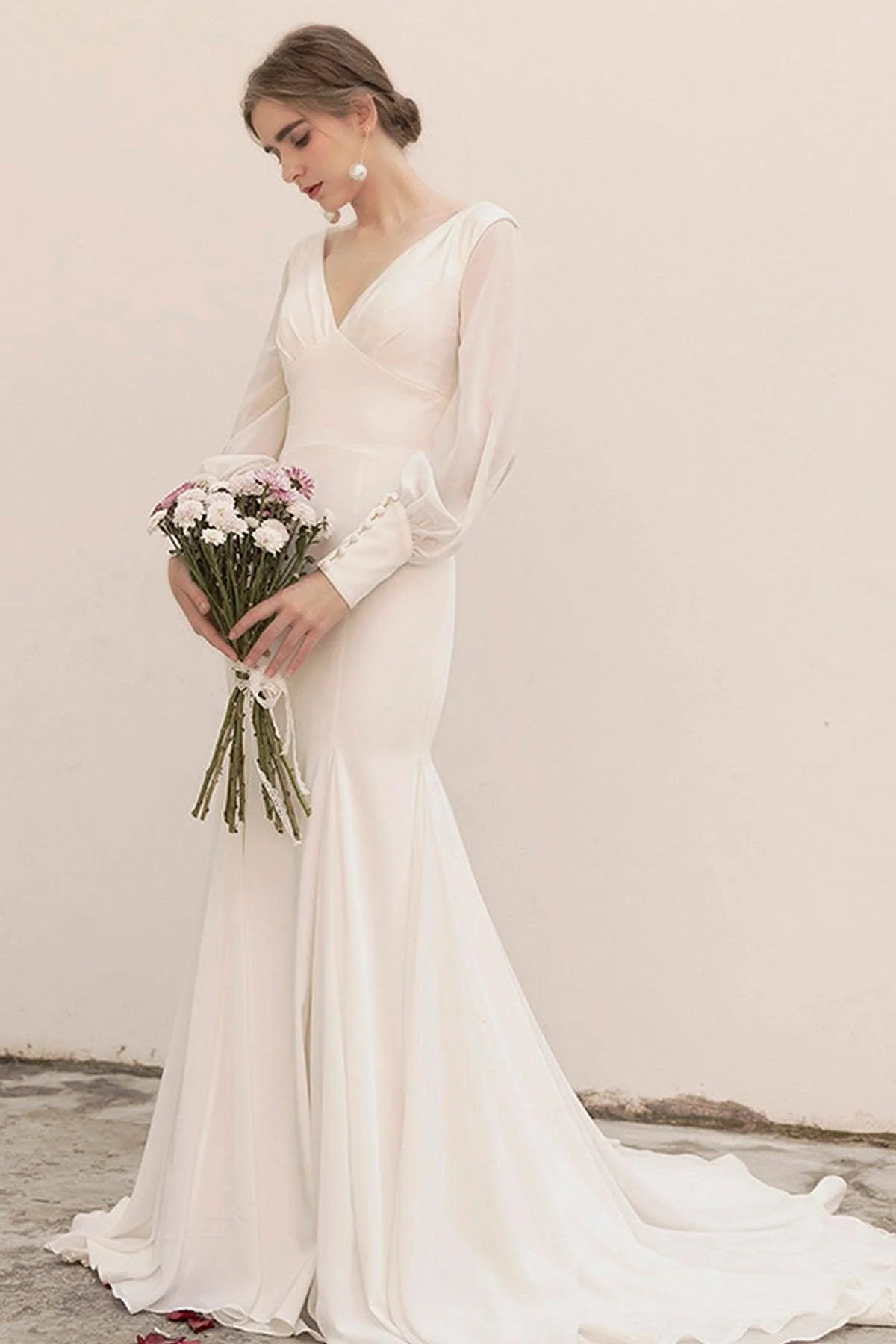 Sweep-Brush Train Satin Chiffon Wedding Dress CW3038