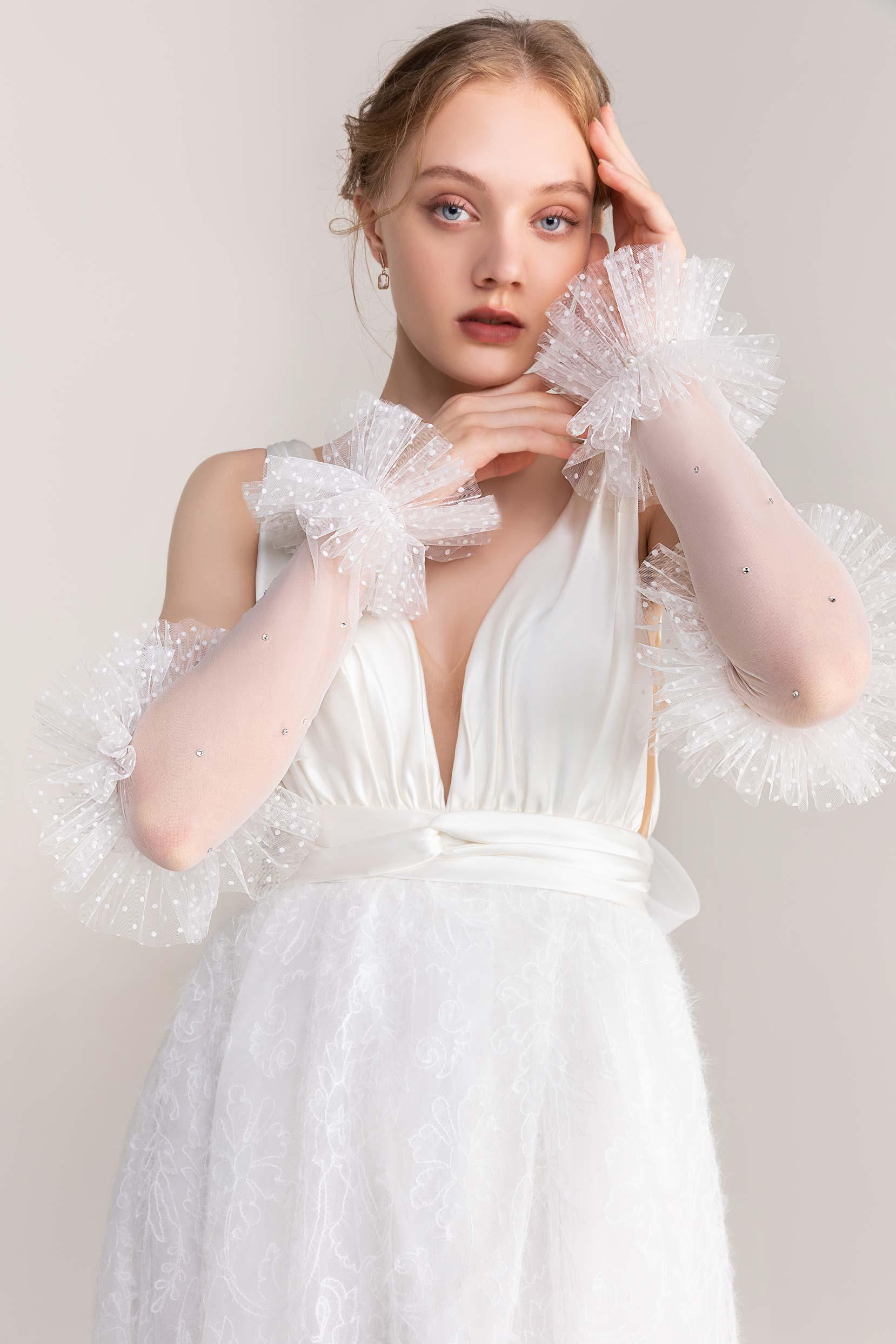Fingerless Opera Length Tulle Wedding Gloves Beading CD0065