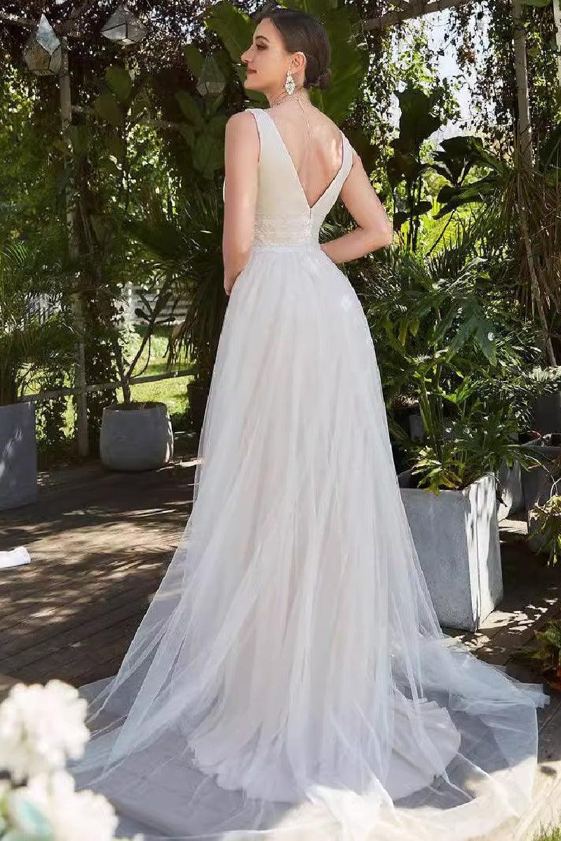 A-Line Sweep-Brush Train Tulle Wedding Dress 837230348553
