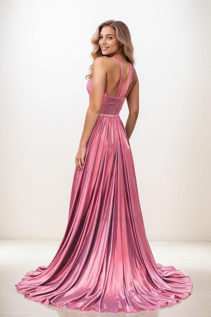 Flower(s) Halter Pleated High Split A Line Sweep Train PromDress CS0817