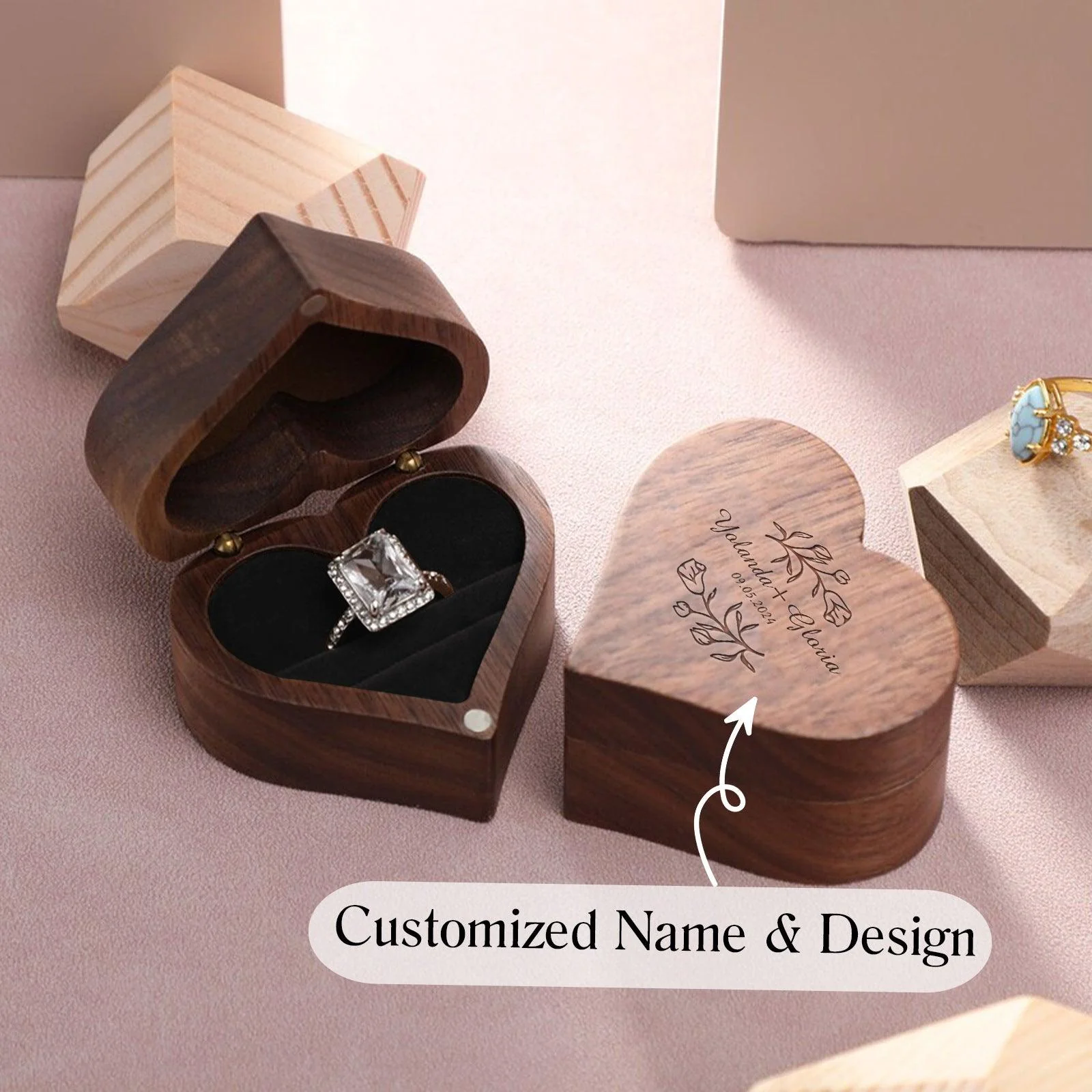 Personalized engraved heart shaped ring box 807726988829