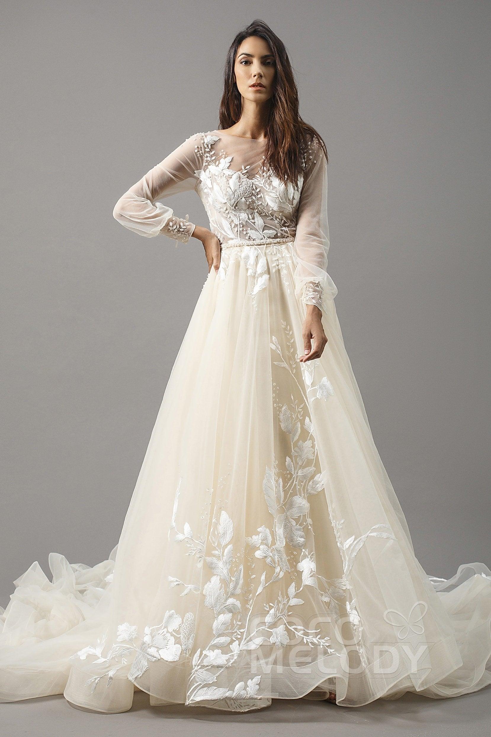 A-Line Chapel Train Tulle Wedding Dress LD5199