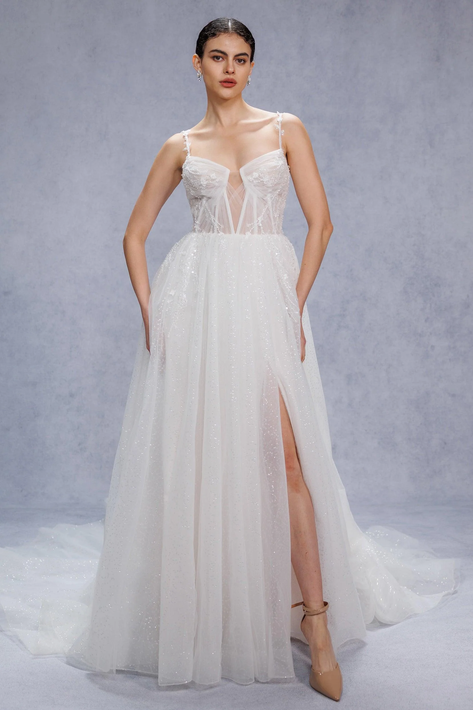 A-Line Court Train Sparkle Tulle Wedding Dress CW3338
