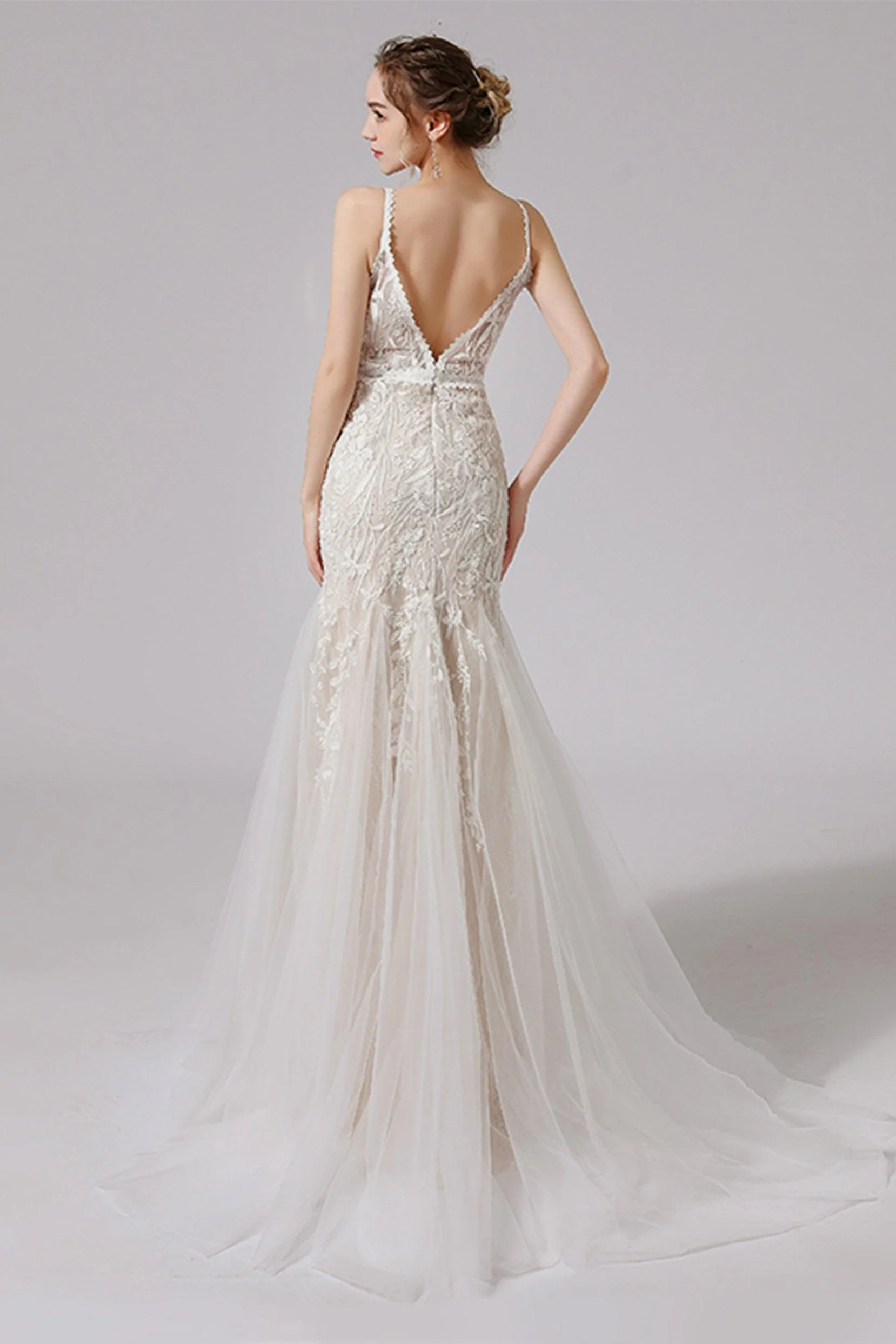 Trumpet Sweep-Brush Train Lace Tulle Wedding Dress CW2719