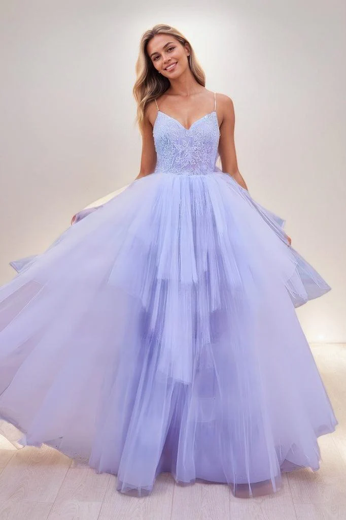 V Neck Spaghetti Straps Lace A Line Floor Length Tulle Prom Dresses CS0814