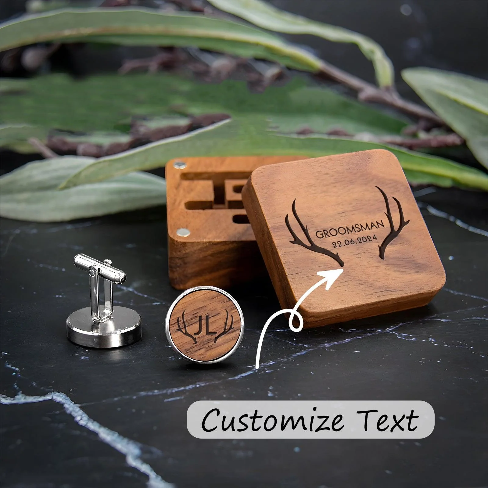 Personalized carved cufflink collar clip wooden box 807769212960