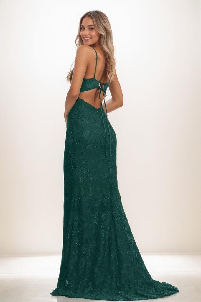 V-Neck Corset Back Hole High Split Sweep Train Lace Prom Dresses CS0836