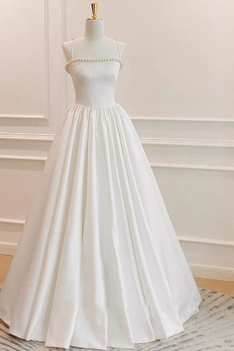 A-Line Floor Length Satin Wedding Dress 752025920874