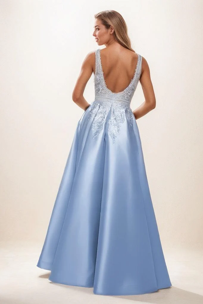 V-Neck Sleeveless Plunge Neck Satin Prom Dresses With Lace CS0837