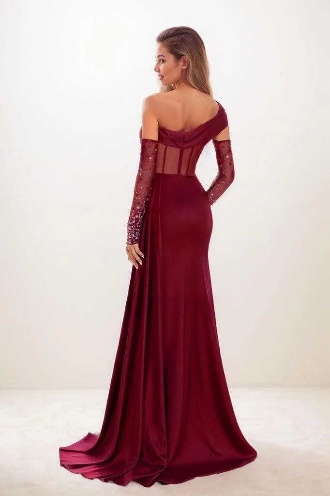Asymmetrical Neckline Sleeves Sweep Train Prom Dresses CS0804