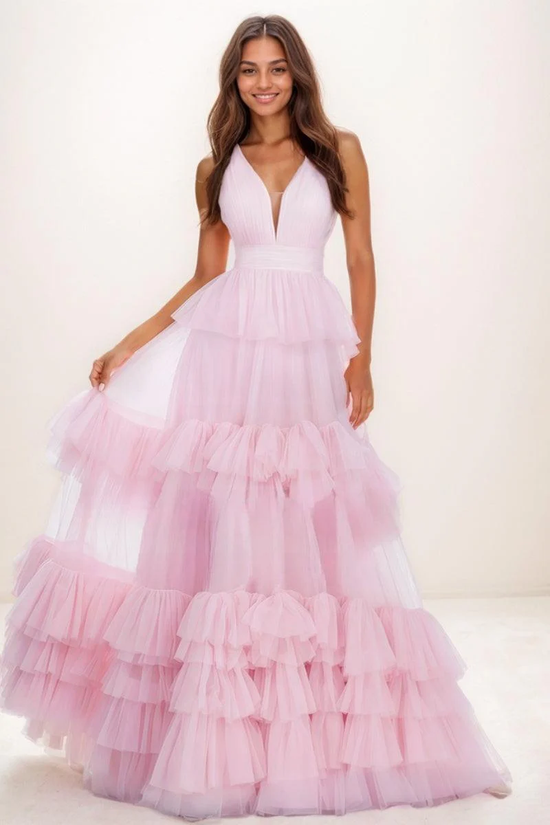 V-Neck A-Line Floor-Length Tulle Prom Dresses With Ruffle CS0731