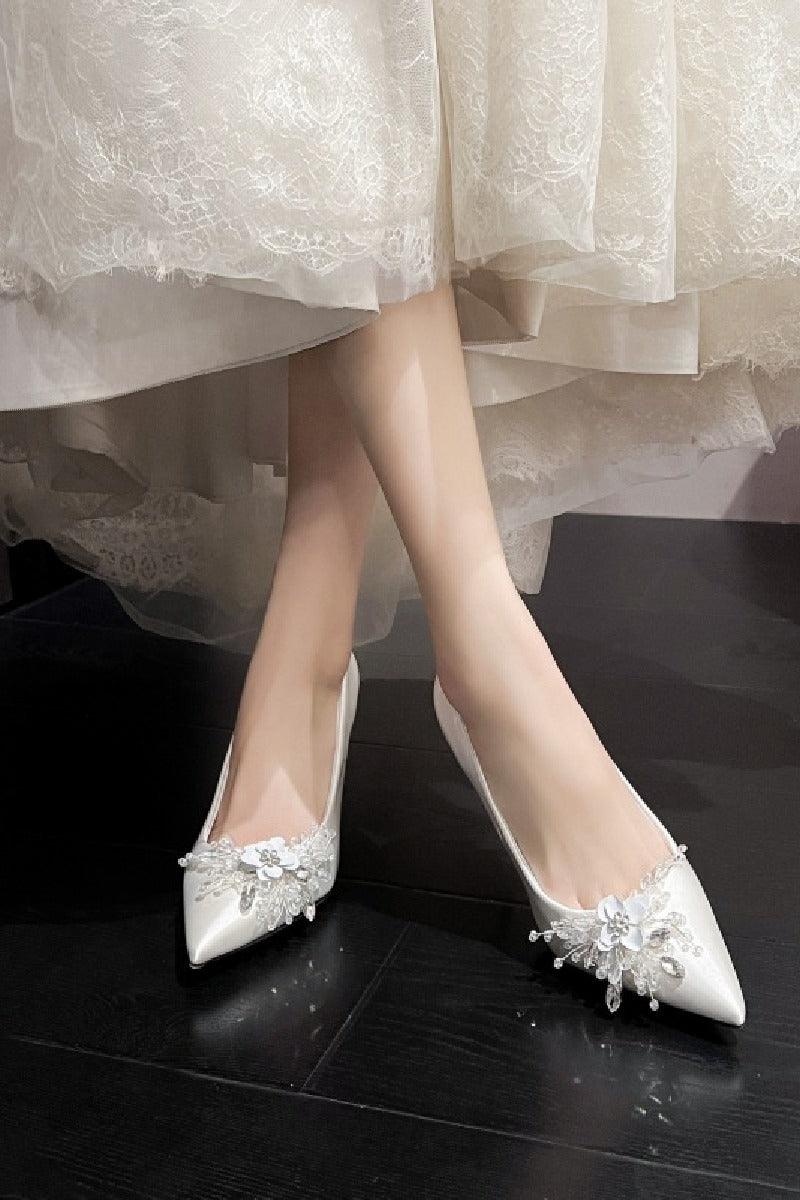 White Satin Crystal Pointy Stiletto Heels 799105157591