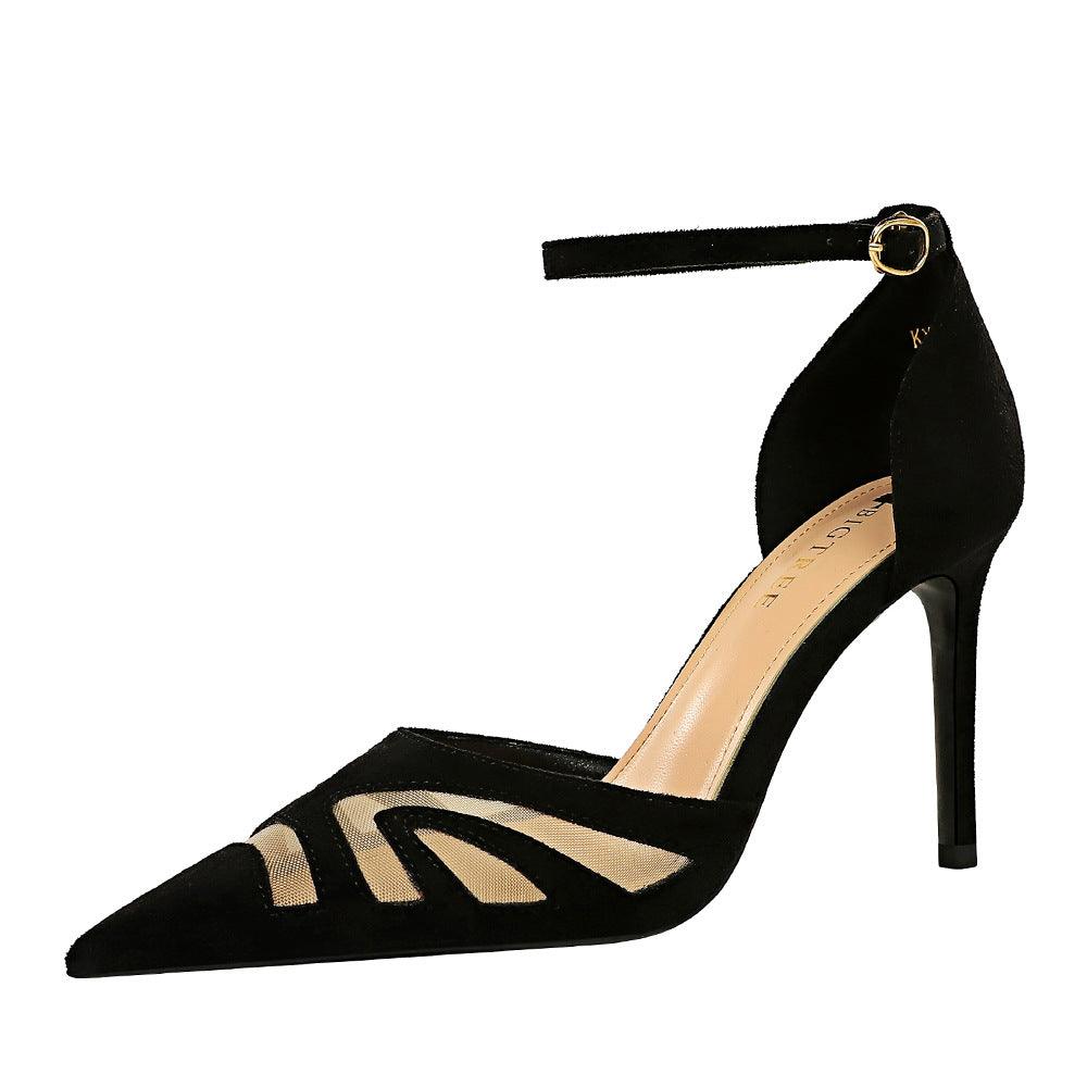 Black Pointy Ankle Strap Stiletto Heels 673900597001