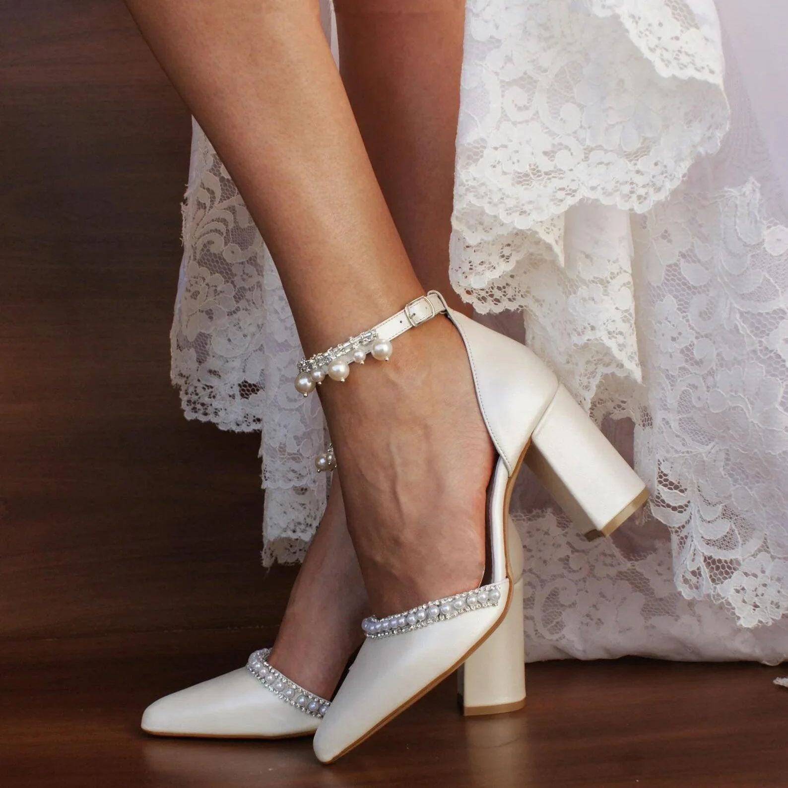 White Pearl Ankle Strap Pointy Block Heels 709119829327
