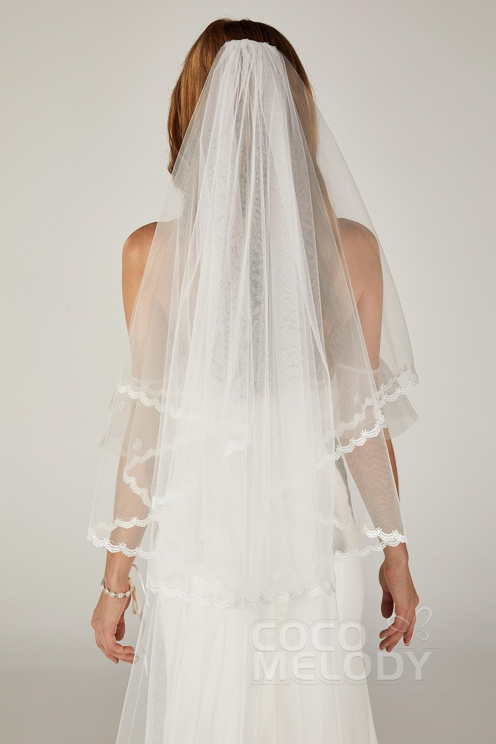 Two-tier Lace Edge Tulle Chapel Veils with Appliques CV0210