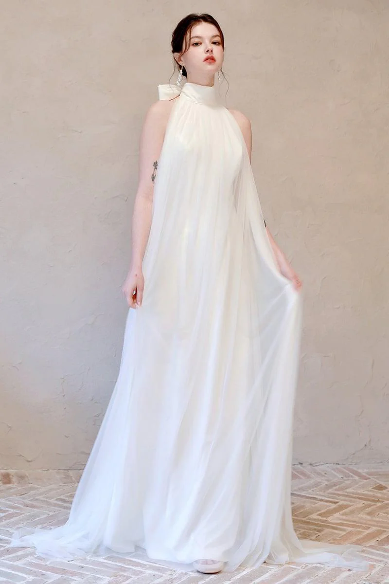 A-Line Sweep-Brush Train Lace Tulle Wedding Dress CW3096