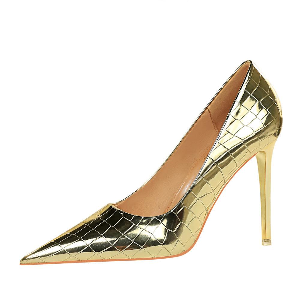Gold Faux Leather Pointy Stiletto Heels 666858462308