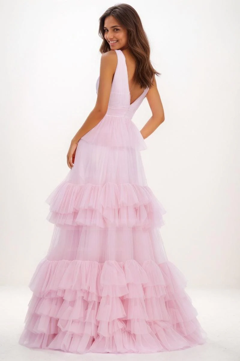 V-Neck A-Line Floor-Length Tulle Prom Dresses With Ruffle CS0731