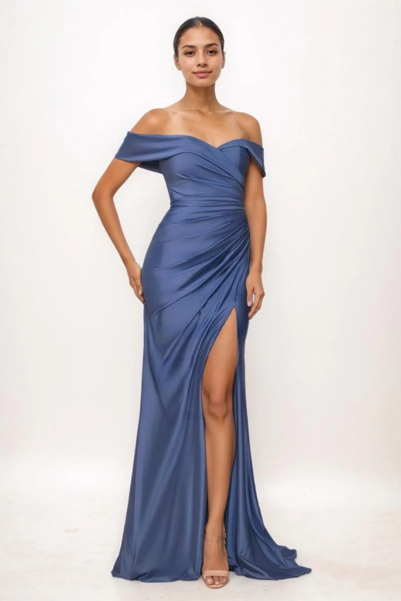 Simple Off-The-Shoulder Ruched High Split Prom Dresses CS0746