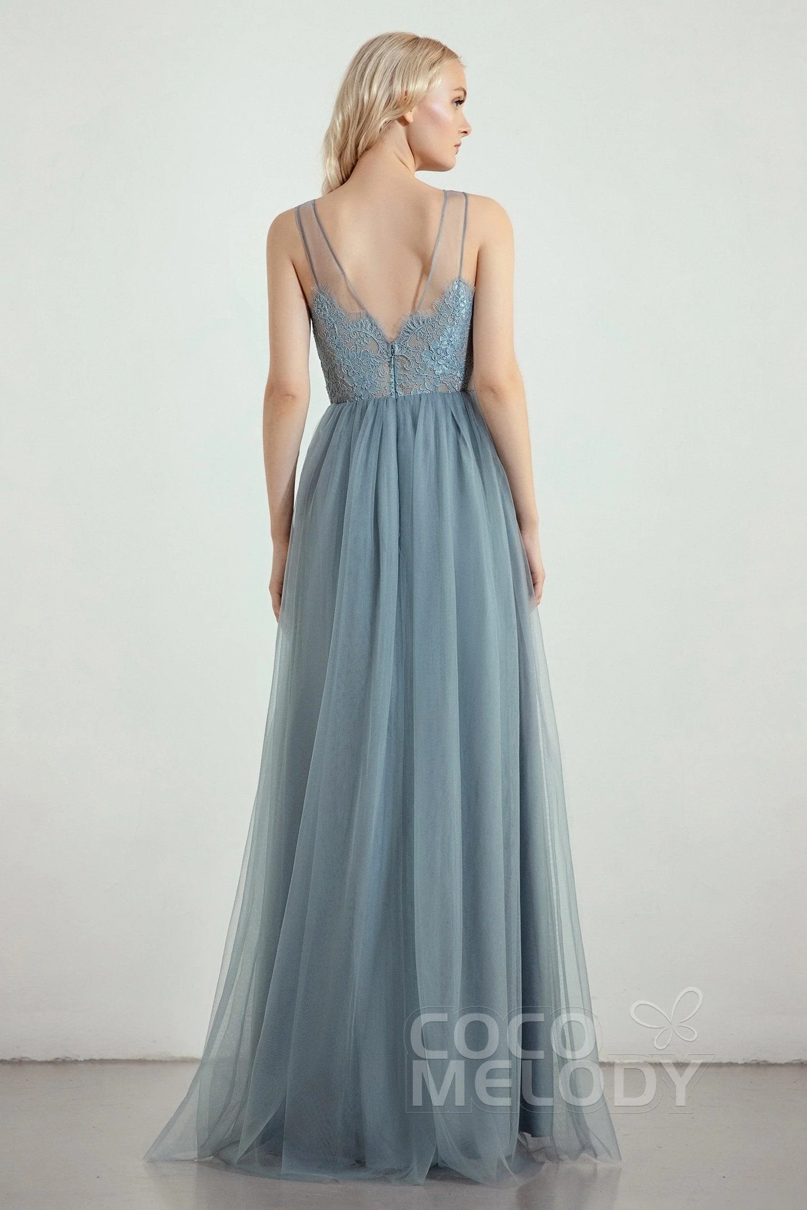 A-Line Floor Length Tulle Lace Bridesmaid Dress CB0439
